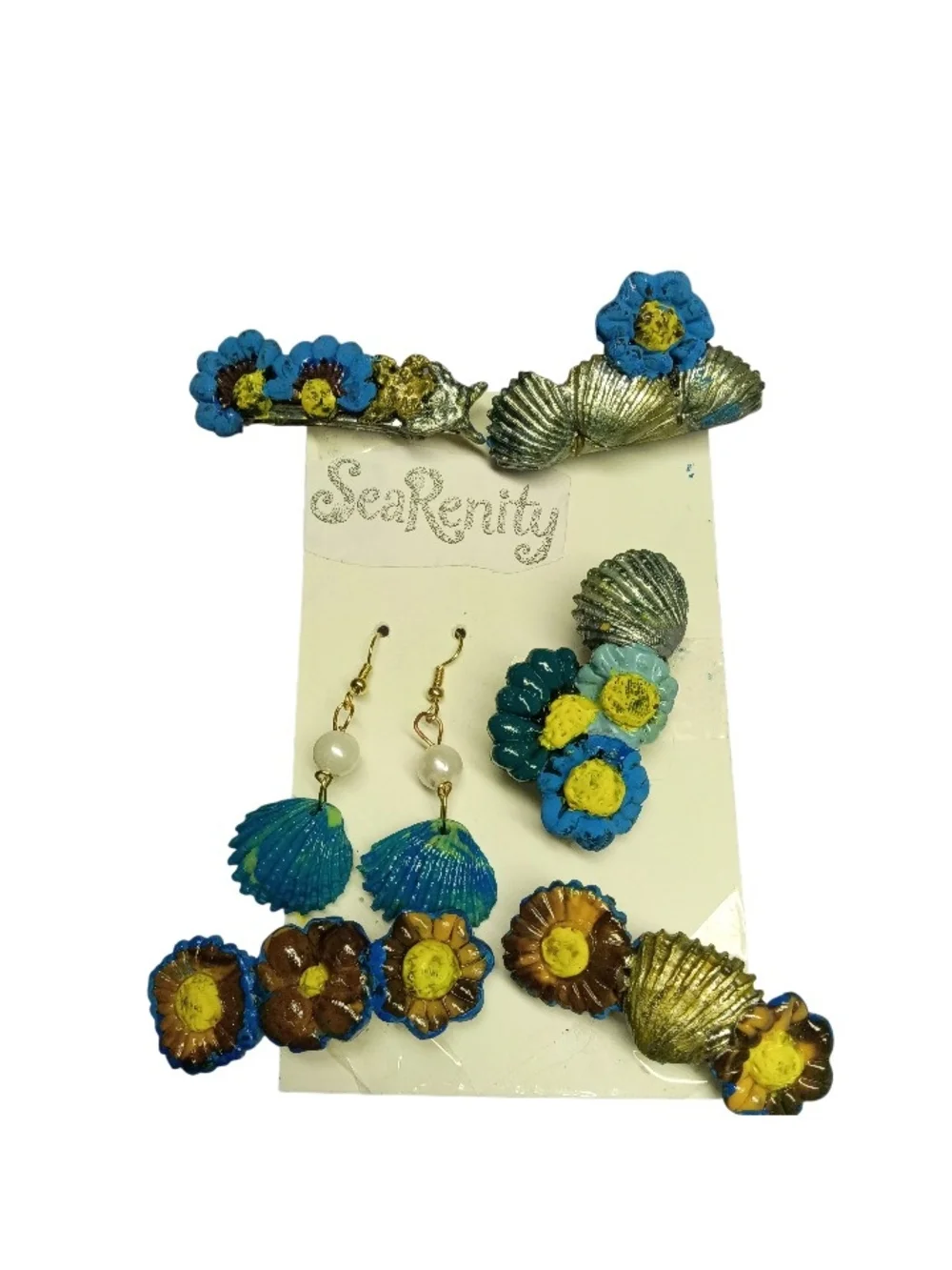 Serenity Blue & Gold Seashell Barrette and Earring Set